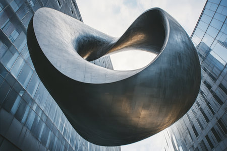 A large, abstract metal sculpture hovers between sleek glass buildings, showcasing modern artistry in an urban setting.の素材