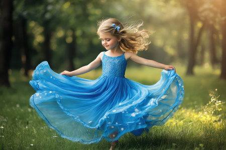 A young girl twirls gracefully in a bright blue dress under soft sunlight in a lush green forest.の素材