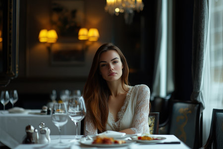 A woman with long hair is seated at a beautifully set dining table, enjoying a meal in an upscale restaurant.の素材