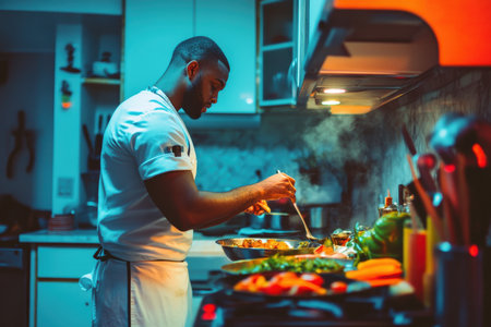 A chef focuses on cooking various ingredients while steam rises in a stylish kitchen at night.の素材