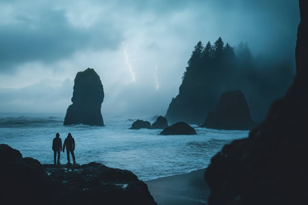 Two figures stand on a rocky beach as lightning illuminates the stormy sky over the ocean.の素材
