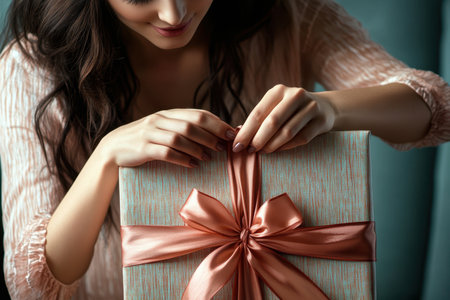 A woman is carefully removing the ribbon from a neatly packaged gift, emphasizing anticipation and joy.の素材