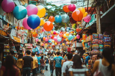 A lively street market is filled with people enjoying a celebration under vibrant balloons.の素材