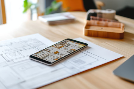 A smartphone displaying architectural plans rests on top of blueprints in a modern office setting.の素材