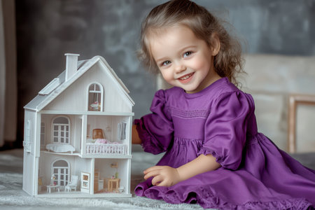 A cheerful girl dressed in a purple dress enjoys playing with a dollhouse, creating imaginative stories.の素材
