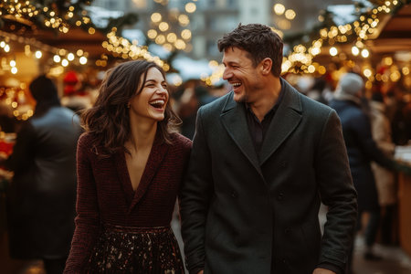 A couple laughs as they stroll through a lively winter market filled with sparkling lights and festive stalls.の素材