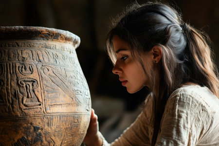 A young woman examines intricately designed pottery at an archaeological site, intrigued by its history.の素材