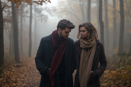 A couple strolls through a misty forest, surrounded by vibrant autumn foliage, sharing a quiet moment together.の素材