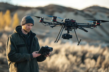 A man stands outdoors, piloting a drone equipped with a camera, capturing stunning imagery of the landscape.の素材