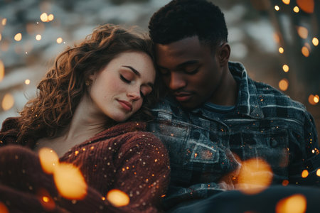 A couple share an intimate moment under warm lights, resting closely together in a tranquil outdoor environment.の素材
