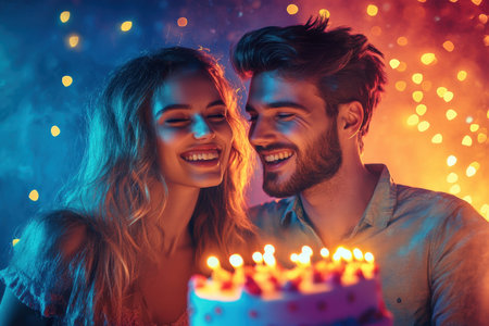 Young couple enjoys a joyful moment celebrating a birthday with a cake, surrounded by colorful lights.の素材