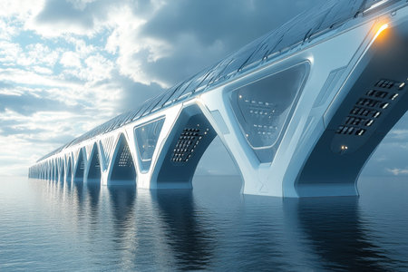 A futuristic bridge stretches over water, showing sleek design elements and dramatic cloud formations.の素材