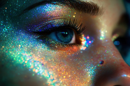 A woman displays her eye decorated with vibrant glitter and makeup, creating a dazzling visual effect.の素材