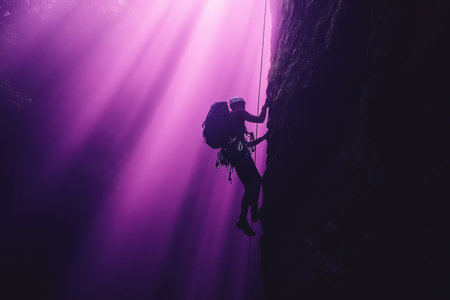 A climber skillfully navigates a vertical rock face, illuminated by mystical purple beams of light in the forest.の素材