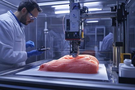 In a lab, a scientist oversees the 3D printing of a biological material, showcasing innovative technology for research.の素材