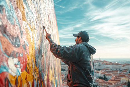 An artist paints a colorful mural on a wall with a stunning view of the city at sunset.の素材