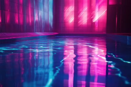 A luxurious indoor pool reflects colorful lights on its water surface at night, creating a relaxing atmosphere.の素材