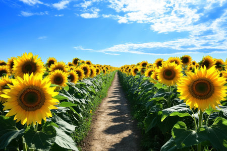 A vibrant sunflower field with a clear path runs through many large sunflowers reaching for the sky.の素材