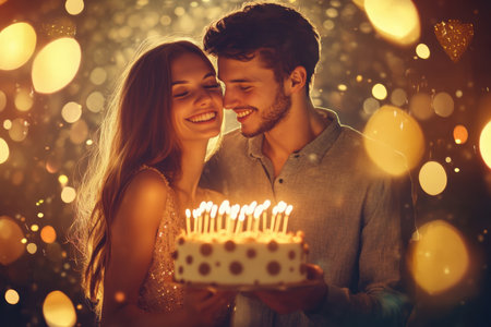 A couple shares a heartfelt moment while celebrating a birthday with a beautifully lit cake and candles.の素材