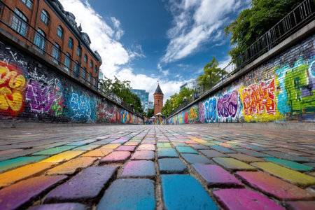 A low angle view of a colorful brick path leading to a towerの写真素材