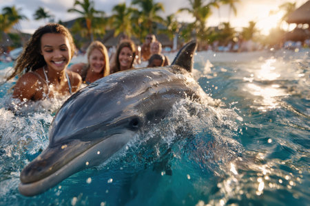 A group of friends, on a tropical beach, feeling relaxed, under golden, sunset lighting, shot with a wide-angle lens, as a dolphin leaps out of the water, ultrarealistic photo --ar 3:2 --raw --profile nk3i4wf --stylize 250 --v 7 Job ID: 351ec093-a0be-47f8-9cf3-52054c49e5caの写真素材