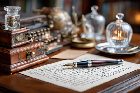 A vintage desk scene featuring a handwritten letter, pen, and inkwellの写真素材