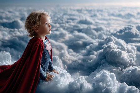 A young child dressed as a superhero looks thoughtfully at the clouds, surrounded by a calming sunset.の写真素材
