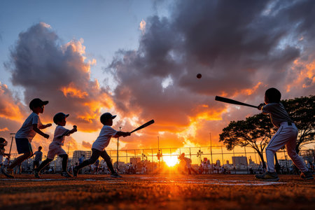 Kids swing baseball bats and run as the sun sets behind city buildings, creating a vibrant backdrop.の写真素材