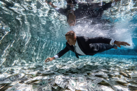 A man in formal attire swims beneath the surface of a pool filled with stacks of cash.の写真素材