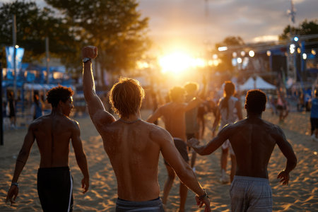 Group of shirtless men celebrate a beach volleyball win at sunsetの写真素材
