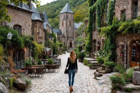A woman strolls along a cobblestone path in a picturesque village surrounded by lush hills in autumn.の写真素材