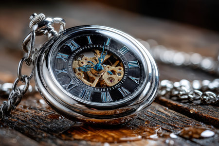 A close-up shot of a vintage pocket watch on an antique wooden table, with a nostalgic, timeless mood, shot with a macro lens, hinting at the relentless march of timeの写真素材
