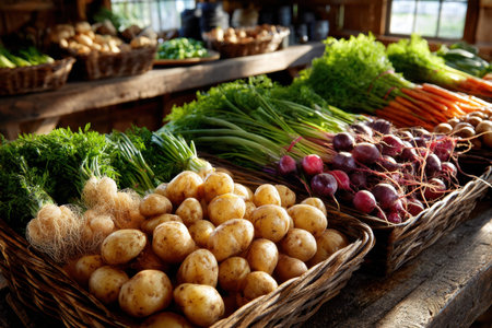 Fresh produce displayed in wicker baskets on a wooden tableの写真素材