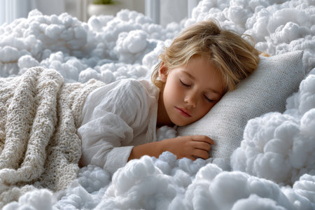 A young child sleeps peacefully on a fluffy bed of clouds, creating a magical and serene atmosphere.の写真素材