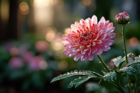 A pink chrysanthemum flower covered in dewdrops, backlit by golden sunlightの写真素材