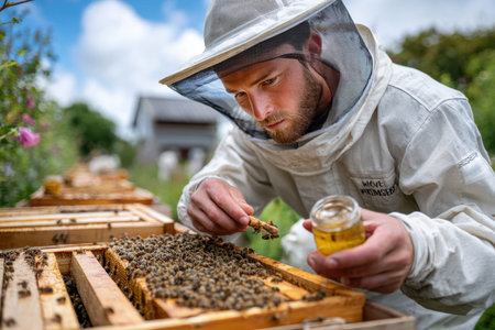A beekeeper in protective gear inspects a honeycomb frameの写真素材