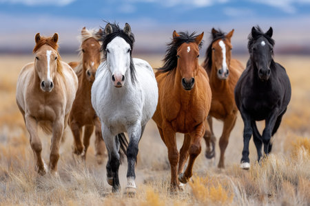 Herd of wild horses running across a dry, grassy fieldの写真素材