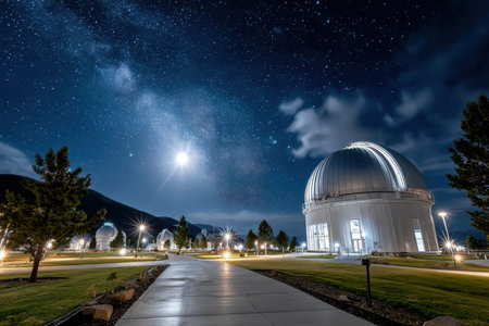 An observatory stands beneath a starfilled sky featuring the Milky Wayの写真素材