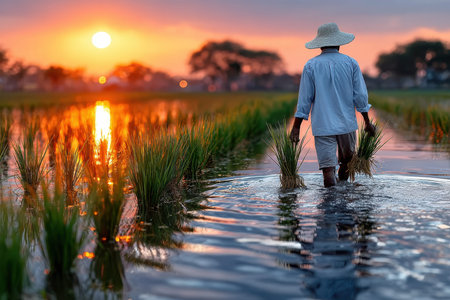 A farmer planting rice in a flooded paddy field at sunsetの写真素材