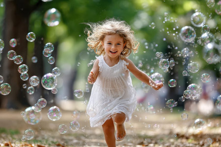 A young girl runs through bubbles in a parkの写真素材