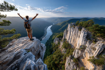 A hiker with a backpack stands on a cliff overlooking a river valleyの写真素材