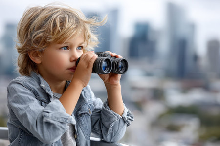 Child with light blonde hair explores the city view through binoculars from a high balcony.の写真素材