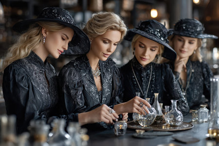 Four women dressed in elegant black attire prepare potions at a dimly lit apothecary, surrounded by decorative vials.の写真素材