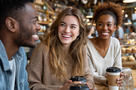 Three friends share laughter and coffee at a cafe, savoring their time together in a warm atmosphere.の写真素材