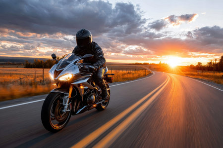 A motorcyclist rides a sportbike down a winding country road at sunsetの写真素材