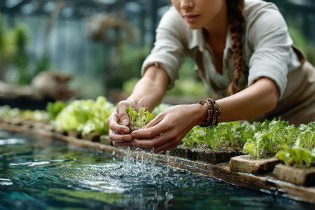 A gardener carefully washes lettuce seedlings in a greenhouse water pond while working in sunlight.の写真素材