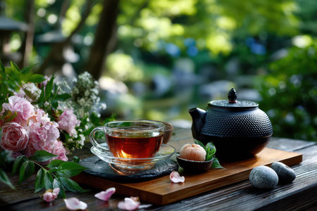 A cup of tea and teapot sit on a wooden tray with flowers in a gardenの写真素材