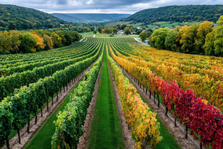 Vineyard rows display vibrant autumn colors in a scenic valley landscapeの写真素材