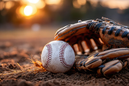 A worn baseball glove and ball rest on dirt with a sunset in the backgroundの写真素材