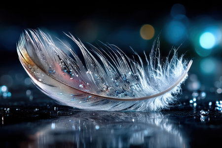 A minimalist shot of a single feather falling against a dark background, under soft, directional lighting, shot with a macro lens, with an unexpected gust of wind changing its pathの写真素材